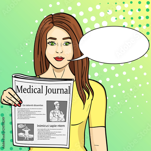 Pop art blue background. Young girl shows stretching newspaper with news. Journalism, medical journal. Vector with text. text, bubble