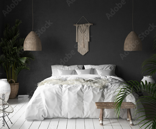 Bedroom interior with black wall,boho style decor and white bed, 3d render