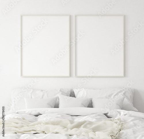 Mock-up poster frame in bedroom, Scandinavian style, 3d render photo