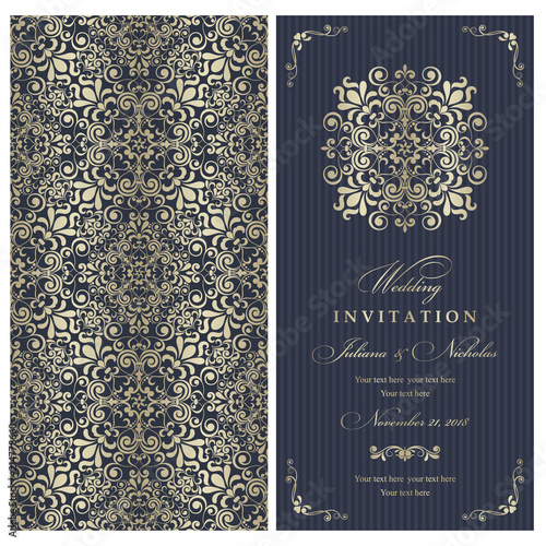 Wedding invitation cards  baroque style blue and gold. Vintage  Pattern. Retro Victorian ornament. Frame with flowers elements. Vector illustration.