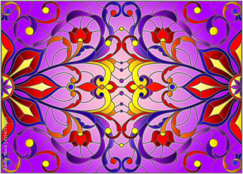 Illustration in stained glass style with abstract  swirls,flowers and leaves  on a purple background,horizontal orientation