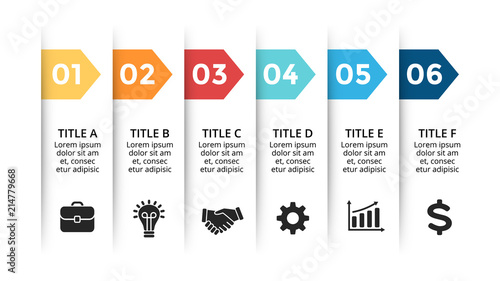 Vector paper arrows infographic, banners diagram, labels graph, stickers presentation chart. Business concept with 6 options, parts, steps, processes. Slide template.