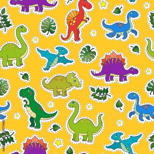 Seamless pattern with colorful dinosaurs and leaves patch icons on yellow  background