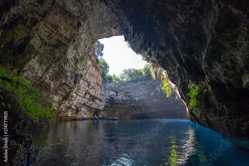 Melissani Caves in Kefalonia Island Greece with boat