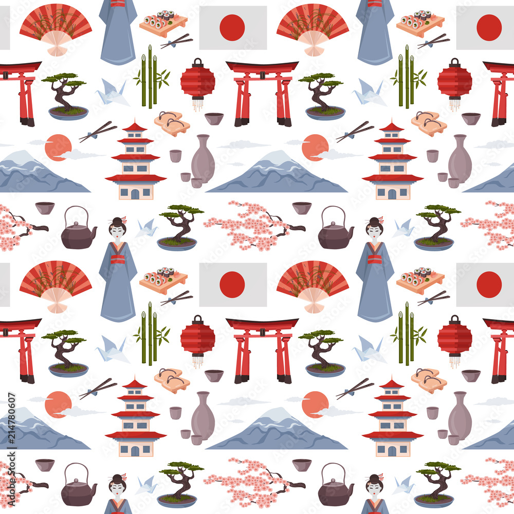Japanese symbols seamless pattern. Vector iluustration on white