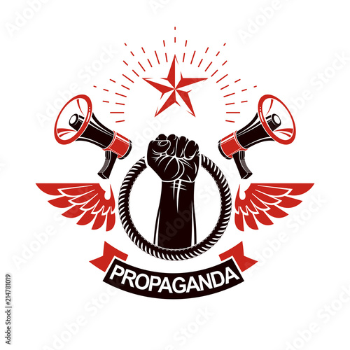 Vector emblem composed with muscular raised clenched fist surrounded with rope, bird wings and loudspeakers. No limits and restrictions conceptual emblem.
