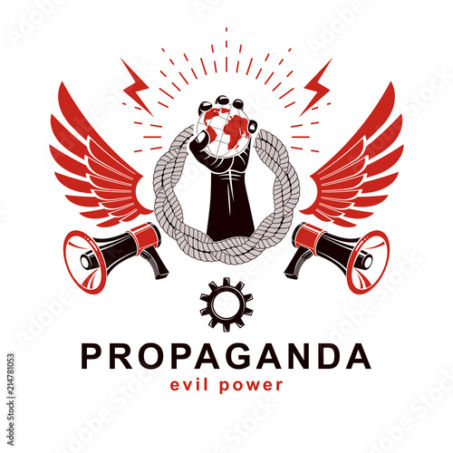 Vector marketing poster composed with loudspeakers and raised arm holding Earth globe surrounded by engineering gear. Social revolution concept, no restrictions. Propaganda as political agitation.