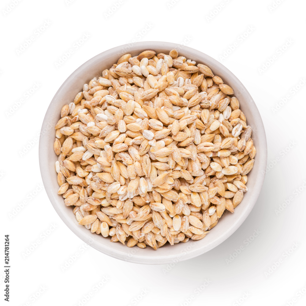 Wheat grains in bowl on white background