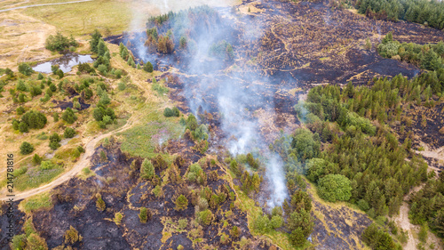 Aerial drone view of a smouldering wildfire in Wales, UK