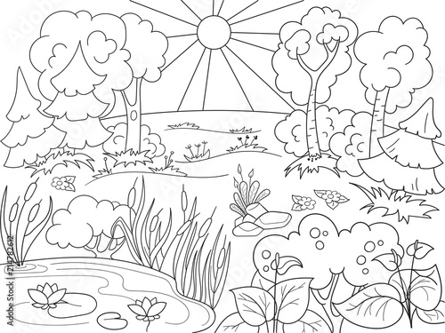 Fototapeta Naklejka Na Ścianę i Meble -  Cartoon coloring book black and white Nature. Glade in the forest with plants.