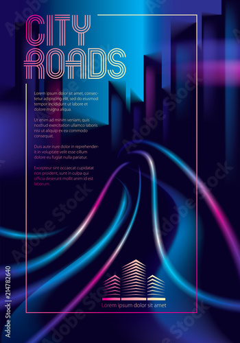 Traffic lights of the night city road, blurred lights. Effect vector beautiful background. Blur colorful dark background with cityscape, buildings silhouettes skyline