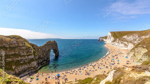 Summer in England C, people relaxing on the beach at Dorset 2018