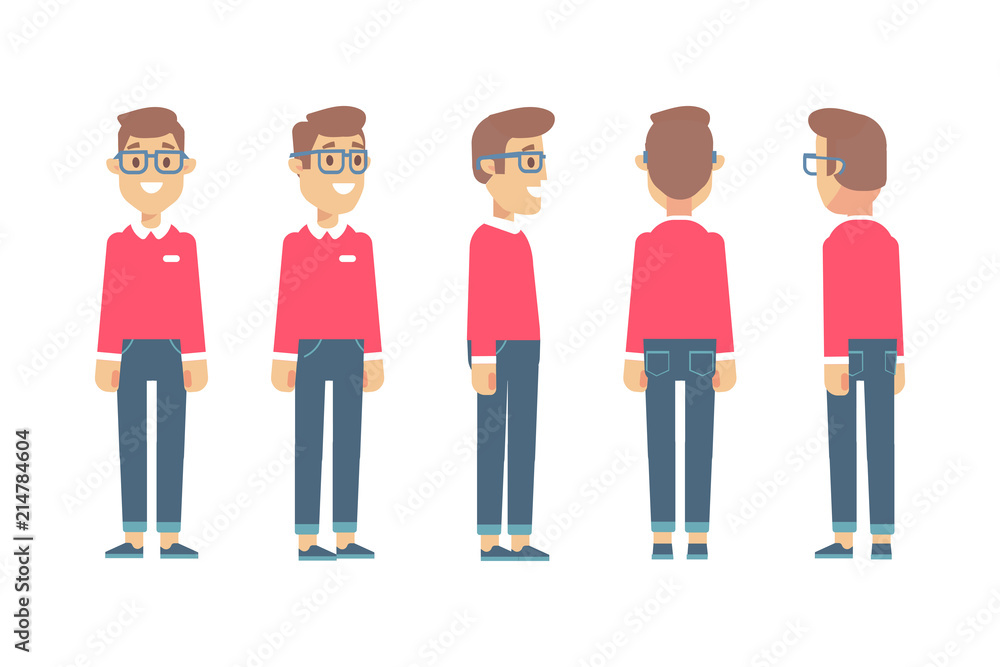 Young man, Hipster constructor. Front, side, back, 3/4 view animated character. Flat vector illustration. Young man, Hipster constructor. Front, side, back, 3/4 view animated character. Flat vector illustration.