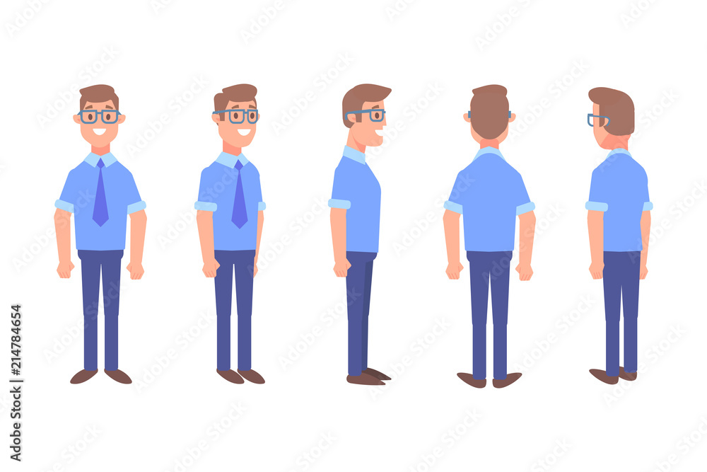 Business man. Front, side, back view animated male character. Cartoon flat vector illustration.