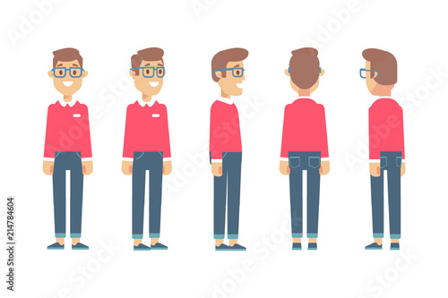 Young man, Hipster constructor. Front, side, back, 3/4 view animated character. Flat vector illustration.
