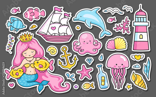 Set of summer sea stickers. Mermaid, fish, jellyfish and dolphin.