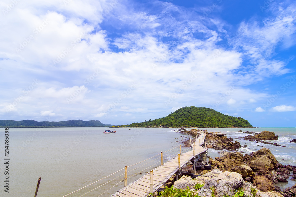 Seascape view of Ban Hua Leam wooden bridge.Famous attraction place in Chanthaburi, Thailand.