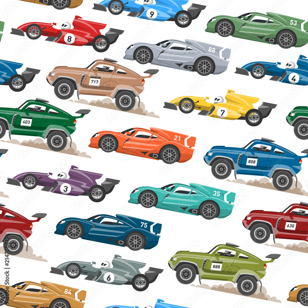 Sport speed automobile and offroad rally car colorful fast motor racing auto driver transport motorsport vector illustration seamless pattern background