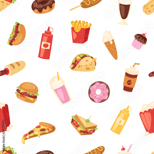 Fast food vector nutrition american hamburger or cheeseburger unhealthy eating concept junk fast-food snacks burger or sandwich and soda drink illustration seamless pattern background