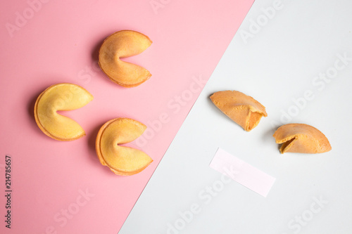 fortune cookie on pink and blue background, pastel colors, a blank page