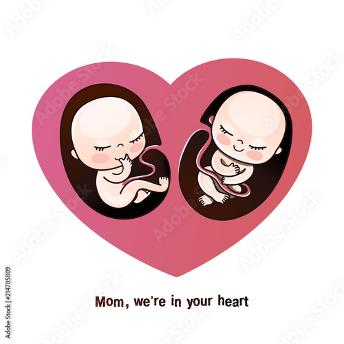 Twins or twins in the mother's womb. Unborn children are twins, in the mother's heart. Postcard for mom, birthday greetings, congratulations on a newborn, gift to a pregnant woman