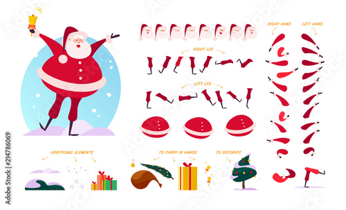 Vector Santa Claus character creator - different poses, gestures, emotions, holiday elements - snowflakes, fir tree, gift box & bag for Christmas designs, animation, web, banners isolated on white bg