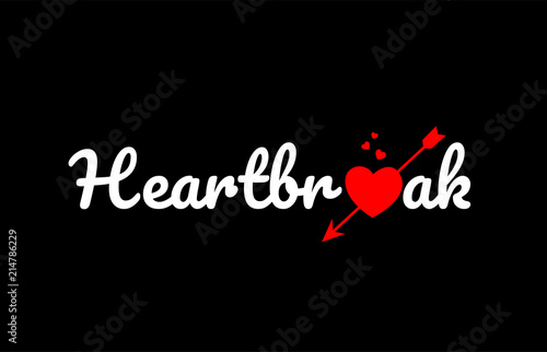 heartbreak word text with red broken heart