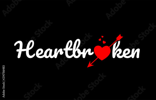 heartbroken word text with red broken heart