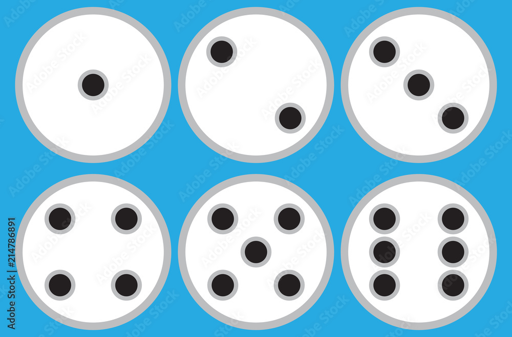 Set of 6 circle flat dices on blue background Set of 6 circle flat dices on blue background