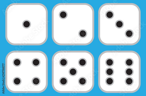 Set of 6 square flat dices on blue background