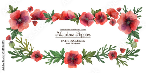 Watercolor hand painted header frame Meadow Poppies