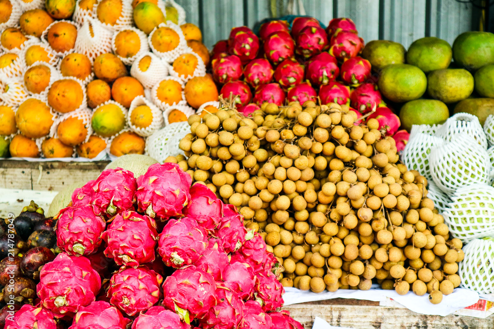 fruits on street market for tourist, mango, orange, Longkong, Longan, Lychee, Dragon fruit