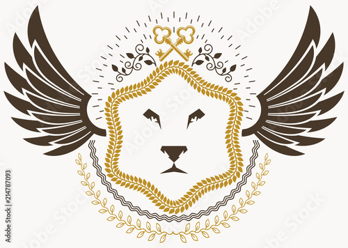 Fototapeta Naklejka Na Ścianę i Meble -  Vector vintage heraldic coat of arms created in award design and decorated using security keys and wild lion illustration