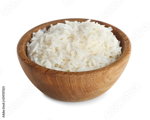 Wooden bowl with freshly cooked rice on white background