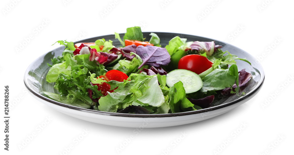Plate with fresh vegetable salad on white background Plate with fresh vegetable salad on white background