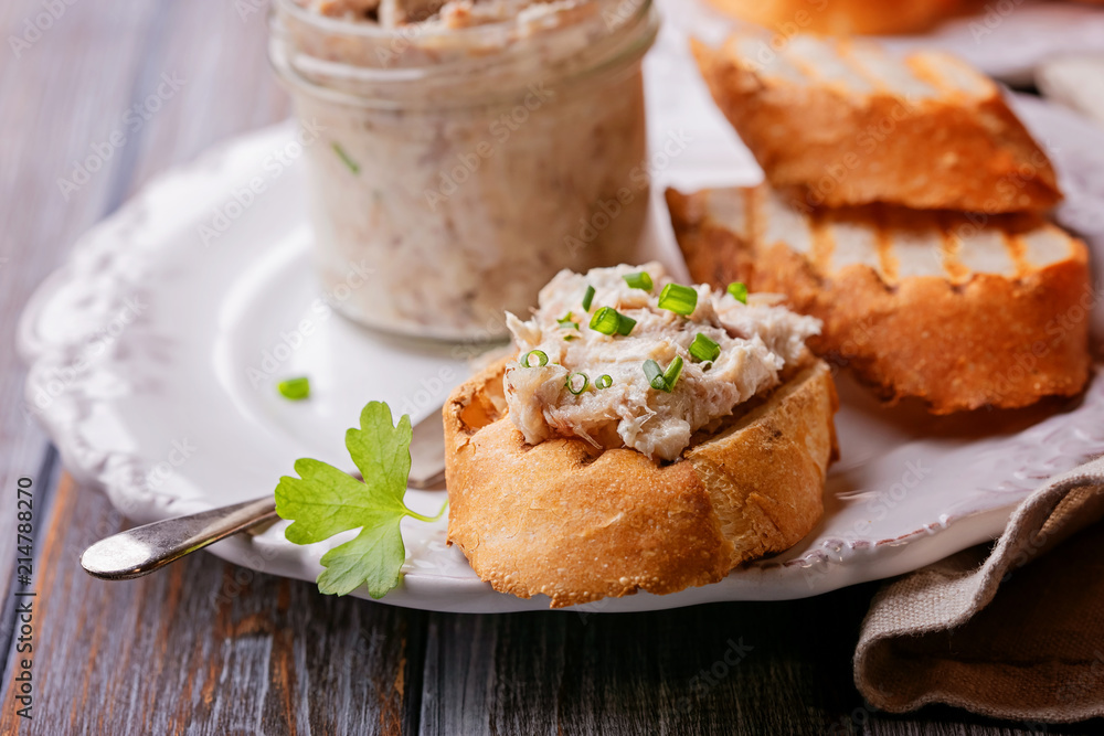 Pieces of fried bread with fish pate