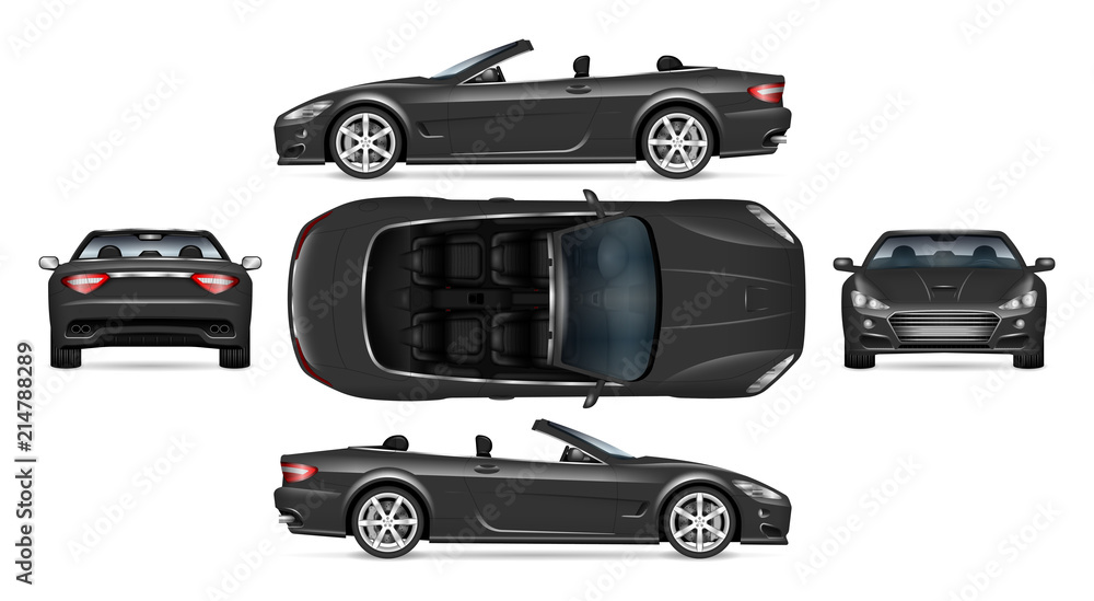 Black convertible car vector mockup on white for vehicle branding, corporate identity. View from side, front, back, and top. All elements in the groups on separate layers for easy editing and recolor. Black convertible car vector mockup on white for vehicle branding, corporate identity. View from side, front, back, and top. All elements in the groups on separate layers for easy editing and recolor.