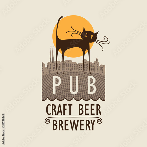 Vector banner for beer pub with cat on the background of old town in a retro style and with words Craft beer, Brewery