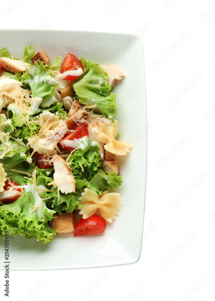 Tasty Caesar salad with pasta on white background Tasty Caesar salad with pasta on white background