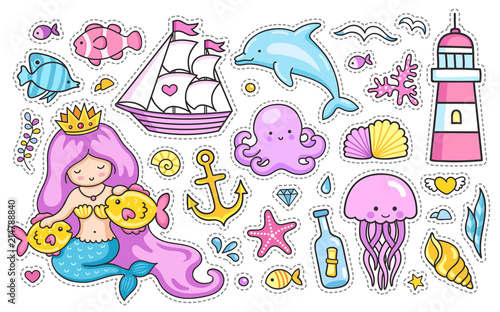 Mermaid and dolphin, sailing ship, jellyfish, octopus, sea shell, lighthouse, anchor and starfish. Set of cartoon stickers for kids. Doodle style.