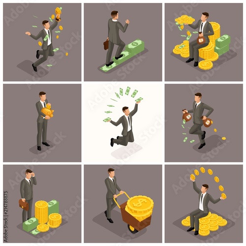 Trendy isometric people, 3d businessman, concept with young businessman, money, success, gold, wealth, joy, work, start-up on a dark background
