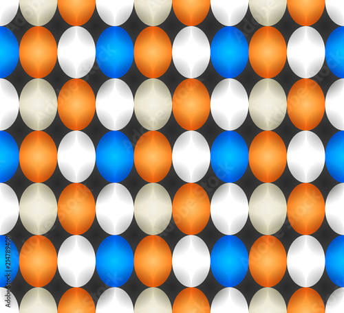 Seamless pattern made of oval abstract geometry shapes with inner starts in cold colors of shades of blue, white, orange and grey on black background, Easter egg imitation