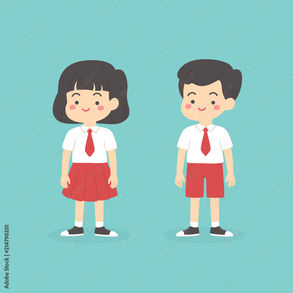 Cute Indonesian Elementary School Boy Girl Wearing Red and White Uniform  Cartoon Vector Illustration Stock Vector | Adobe Stock