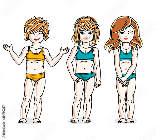 Little girls standing in colorful bikini. Vector kids illustrations set.