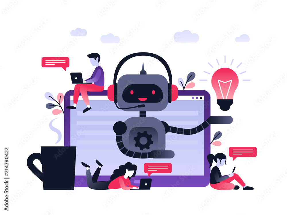 Chatbot business concept. Modern banner for the site. Chatbot, artificial intelligence, customer support, hotline with bot. Ultra violet flat vector illustration with computer on desk an small people Chatbot business concept. Modern banner for the site. Chatbot, artificial intelligence, customer support, hotline with bot. Ultra violet flat vector illustration with computer on desk an small people