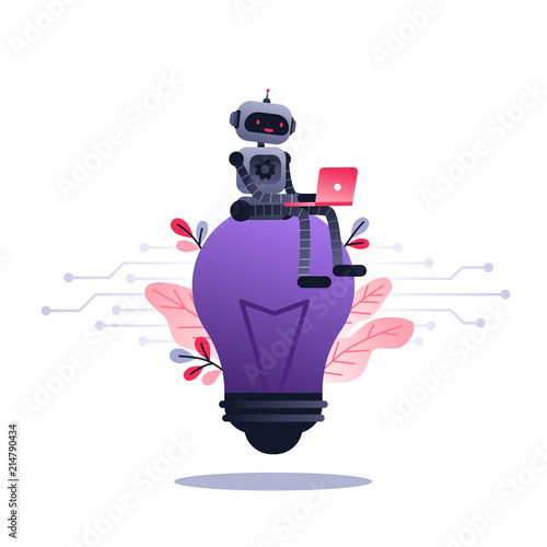 Machine learning algorithm concept with artificial neural network  deep learning. Robot with laptop sitting on big light bulb and flowers. Vector ultra violet concept illustration