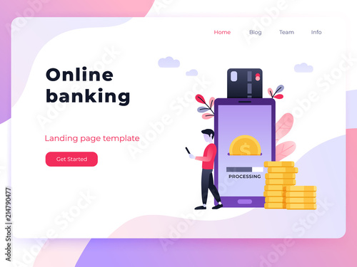 Cool ultraviolet vector contactless direct payment using smart phone application and bank account credit card data. Landing page concept people using their phones as electronic wallet