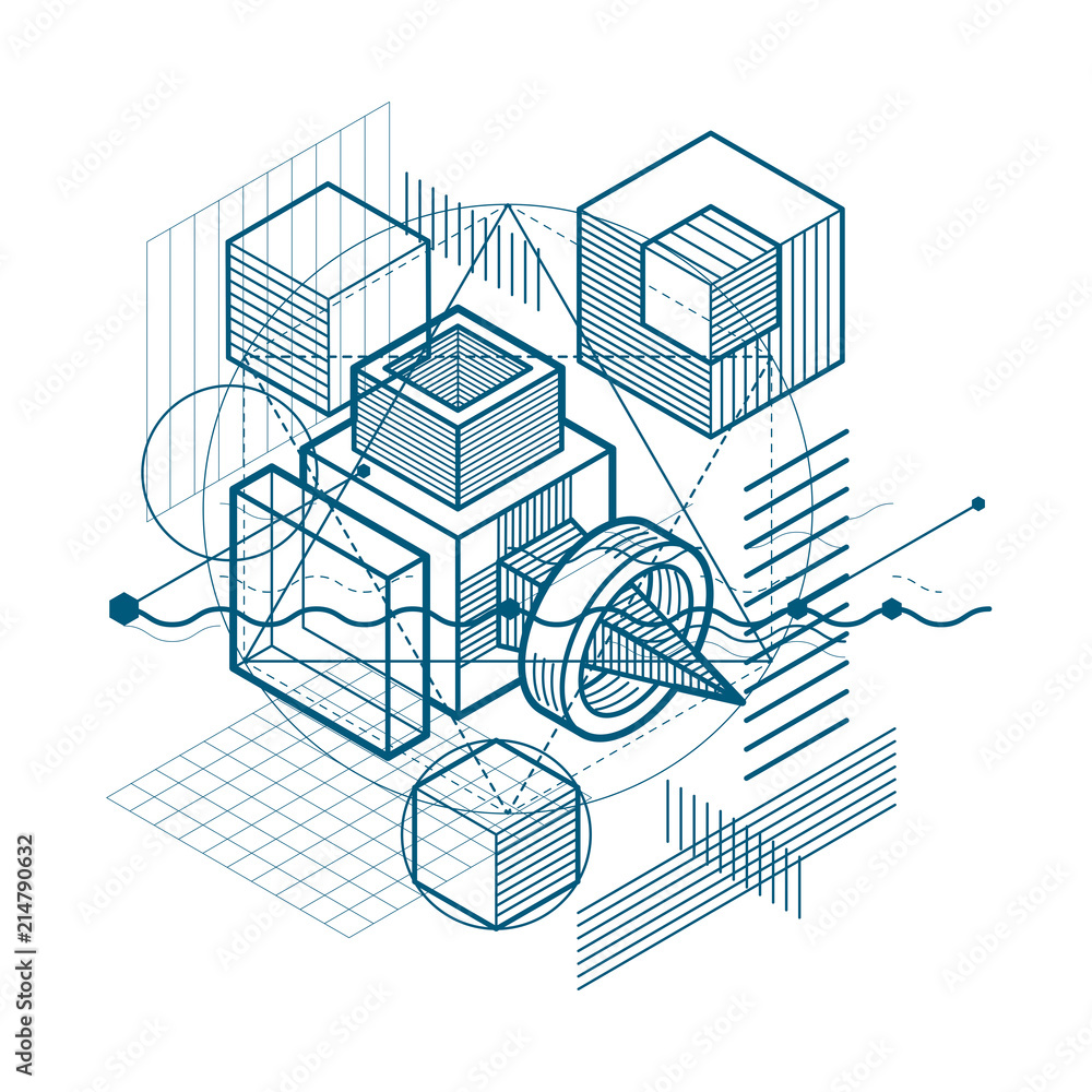Vector background with abstract isometric lines and figures. Template made with cubes, hexagons, squares, rectangles and different abstract elements.