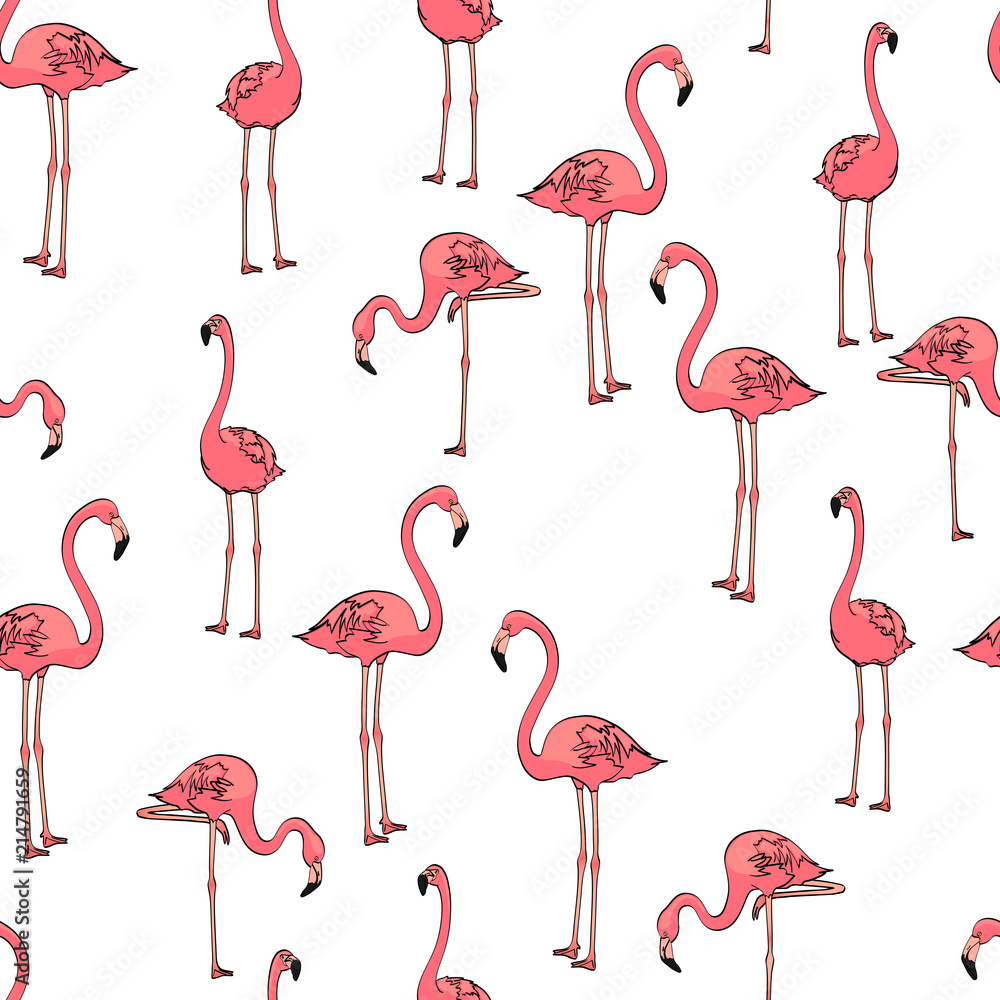 Obraz premium Seamless background, three pink flamingos on white. Vector