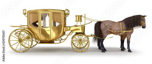 Foto Golden coach with a pair of brown horses. 3d illustration